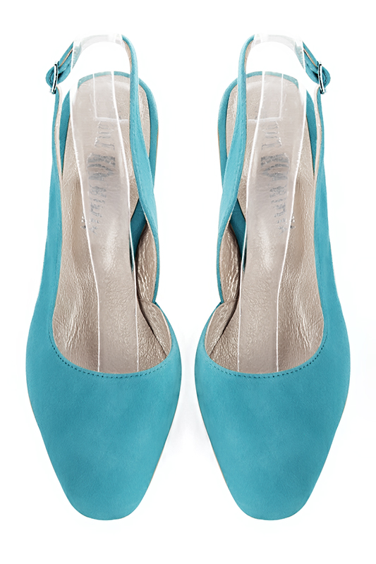 Chaussure femme brides bleu turquoise Bout rond. Talon haut